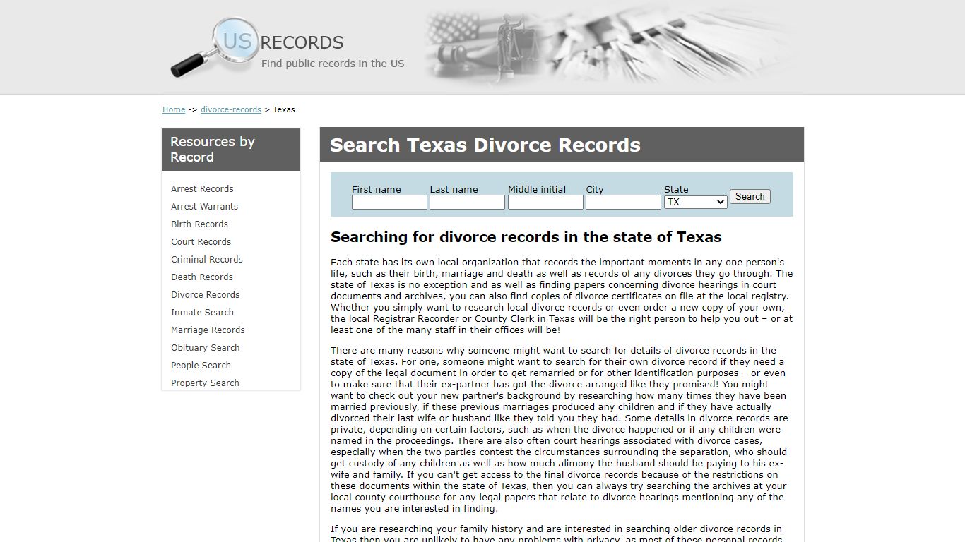 Search Divorce Records Texas | US Records